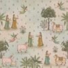 Pichwai-style wallpaper featuring pink cows, women in traditional attire, flying apsaras, peacocks, and floral motifs on a pastel background.