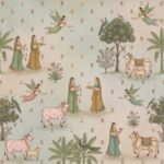 Pichwai-style wallpaper featuring pink cows, women in traditional attire, flying apsaras, peacocks, and floral motifs on a pastel background.