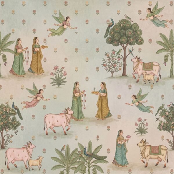 Pichwai-style wallpaper featuring pink cows, women in traditional attire, flying apsaras, peacocks, and floral motifs on a pastel background.