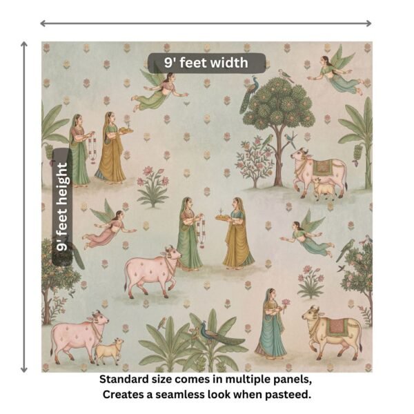 Pichwai-style wallpaper featuring pink cows, women in traditional attire, flying apsaras, peacocks, and floral motifs on a pastel background.