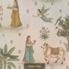 Pichwai-style wallpaper featuring pink cows, women in traditional attire, flying apsaras, peacocks, and floral motifs on a pastel background.