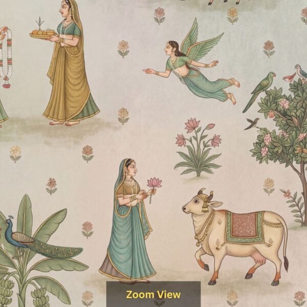 Pichwai-style wallpaper featuring pink cows, women in traditional attire, flying apsaras, peacocks, and floral motifs on a pastel background.
