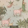Pichwai-style wallpaper featuring pink cows, women in traditional attire, flying apsaras, peacocks, and floral motifs on a pastel background.