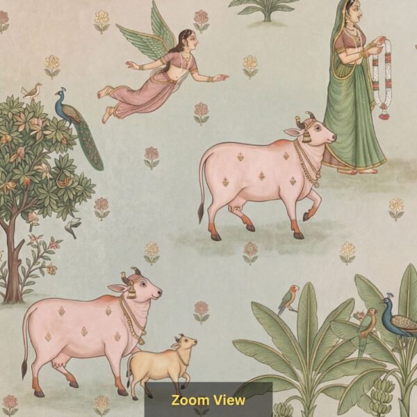 Pichwai-style wallpaper featuring pink cows, women in traditional attire, flying apsaras, peacocks, and floral motifs on a pastel background.