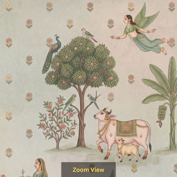Pichwai-style wallpaper featuring pink cows, women in traditional attire, flying apsaras, peacocks, and floral motifs on a pastel background.