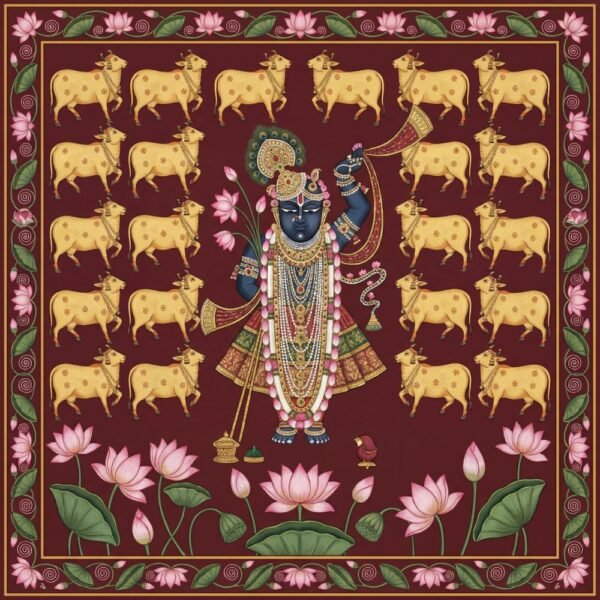 Pichwai Shrinathji Artwork – Traditional Wall Mural with Golden Cows & Lotus Motifs-wg-1