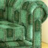Luxury green traditional damask sofa upholstery fabric with classic rolled arm design and brass nailhead trim, premium sofa and cushion upholstery for elegant living room interiors.