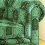 Luxury green traditional damask sofa upholstery fabric with classic rolled arm design and brass nailhead trim, premium sofa and cushion upholstery for elegant living room interiors.