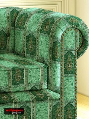 Luxury green traditional damask sofa upholstery fabric with classic rolled arm design and brass nailhead trim, premium sofa and cushion upholstery for elegant living room interiors.