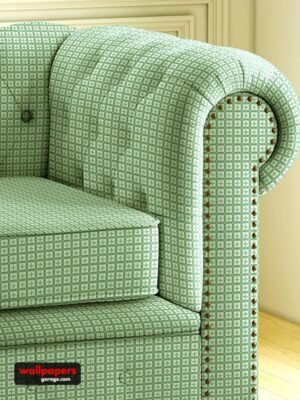 Luxury mint green geometric sofa upholstery fabric with woven texture and nailhead trim, premium furniture fabric for elegant living room interiors