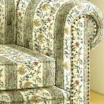 Luxury floral striped sofa upholstery fabric with vintage botanical print in ivory, sage green and muted gold tones, premium cushion and sofa fabric for classic living room interiors