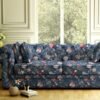 Luxury floral upholstery fabric in deep blue for sofa and chair, premium designer furniture fabric for elegant living room interiors