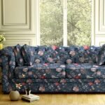 Luxury floral upholstery fabric in deep blue for sofa and chair, premium designer furniture fabric for elegant living room interiors