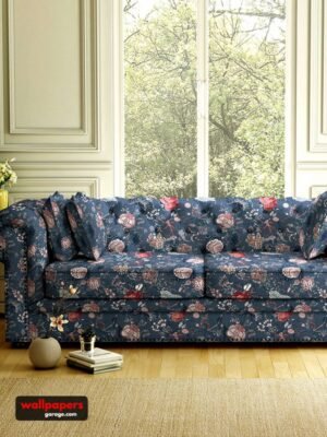 Luxury floral upholstery fabric in deep blue for sofa and chair, premium designer furniture fabric for elegant living room interiors