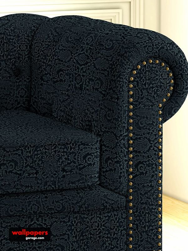 Luxury black damask sofa upholstery fabric with classic rolled arm design and brass nailhead trim, premium cushion and sofa upholstery for elegant living room interiors.
