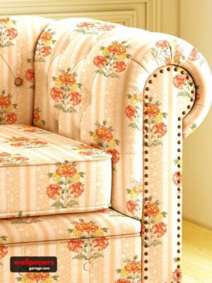 Luxury floral sofa upholstery fabric in soft beige with vintage flower motifs, premium chair and sofa upholstery fabric for elegant living room interiors