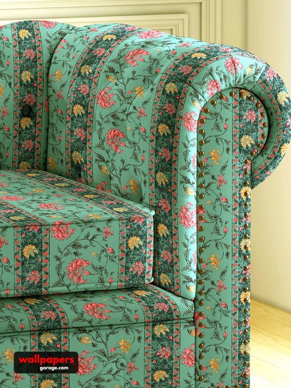 Vintage floral sofa upholstery fabric in teal green with multicolor botanical print, classic upholstered sofa fabric for luxury living room furniture