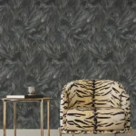 Roberto Cavalli Volume 9 luxury wallpaper featuring embossed feather-inspired texture in deep charcoal grey, creating a dramatic, high-fashion statement for premium interiors