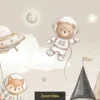 Cute kids wallpaper featuring a dreamy castle with teddy bear astronaut, fox, rocket ship, stars, and clouds in soft pastel tones for nursery décor