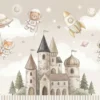 Cute kids wallpaper featuring a dreamy castle with teddy bear astronaut, fox, rocket ship, stars, and clouds in soft pastel tones for nursery décor