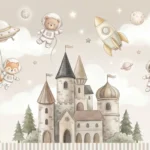 Cute kids wallpaper featuring a dreamy castle with teddy bear astronaut, fox, rocket ship, stars, and clouds in soft pastel tones for nursery décor