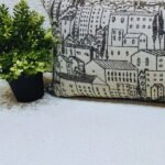 Luxury monochrome cityscape cushion cover fabric with architectural print, premium upholstery textile for modern and elegant interiors