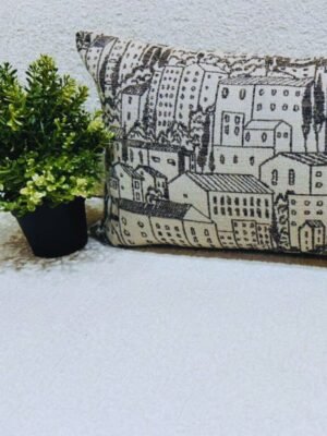 Luxury monochrome cityscape cushion cover fabric with architectural print, premium upholstery textile for modern and elegant interiors