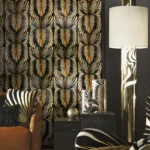 Luxury gold and black abstract geometric wallpaper pattern with symmetrical fan-inspired motifs for premium home décor