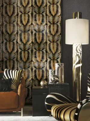 Luxury gold and black abstract geometric wallpaper pattern with symmetrical fan-inspired motifs for premium home décor
