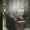 Luxury black and silver geometric wallpaper with symmetrical fan-shaped art-deco motifs for premium interior décor