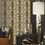 Luxury beige and gold art-deco geometric wallpaper with symmetrical fan-shaped motifs for premium interiors