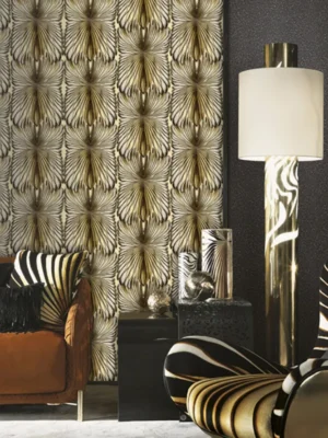 Luxury beige and gold art-deco geometric wallpaper with symmetrical fan-shaped motifs for premium interiors