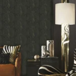 Luxury dark botanical pattern wallpaper with embossed fan-leaf motifs in deep charcoal and antique gold tones, designed for premium interior walls.