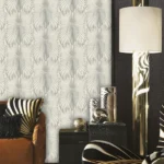 Roberto Cavalli Volume 8 luxury wallcovering with elegant feather-inspired symmetrical pattern in soft ivory and pearl grey tones for premium interiors