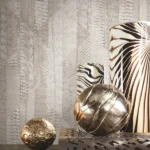 Roberto Cavalli Volume 8 luxury wallpaper featuring geometric patchwork with exotic animal-inspired textures in champagne, beige and taupe tones for premium interiors