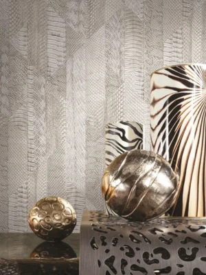 Roberto Cavalli Volume 8 luxury wallpaper featuring geometric patchwork with exotic animal-inspired textures in champagne, beige and taupe tones for premium interiors