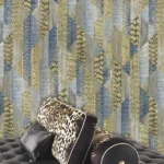 Roberto Cavalli Volume 8 luxury wallpaper with geometric patchwork inspired by exotic animal textures in blue, beige and champagne tones for premium interiors