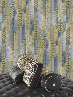 Roberto Cavalli Volume 8 luxury wallpaper with geometric patchwork inspired by exotic animal textures in blue, beige and champagne tones for premium interiors