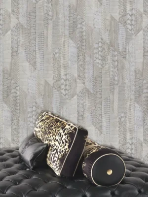 Roberto Cavalli Volume 8 luxury wallpaper with light geometric patchwork inspired by exotic animal textures in ivory, pearl and soft beige tones for premium interiors