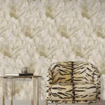 Roberto Cavalli Volume 9 luxury wallpaper with embossed feather texture in ivory, pearl and champagne gold tones, creating an elegant statement wallcovering for premium interiors