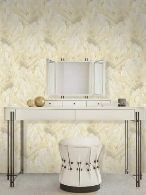 Roberto Cavalli Volume 9 luxury wallpaper with delicate feather texture in ivory, vanilla and pale gold tones, creating a serene and elegant wallcovering for premium interiors