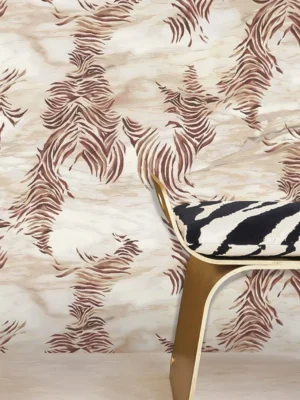 Roberto Cavalli Volume 8 luxury wallpaper featuring abstract palm leaf motifs in warm mocha and beige tones on a textured stone-inspired background for premium interior walls