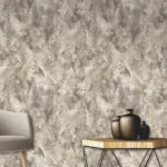 Roberto Cavalli Volume 9 luxury wallpaper featuring an abstract snakeskin-inspired texture in taupe, warm grey, and soft metallic beige tones for premium designer interiors.