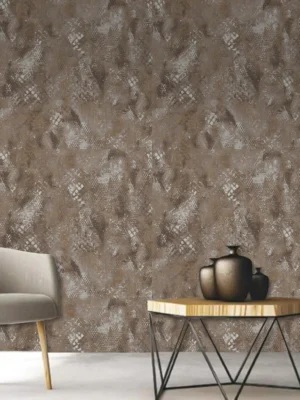 Roberto Cavalli Volume 9 luxury wallcovering with abstract snakeskin texture in taupe, stone grey, and soft metallic tones, designed for premium contemporary interiors.