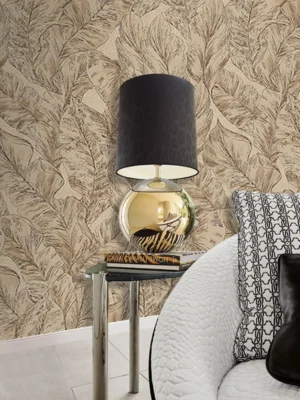 Roberto Cavalli Volume 9 luxury botanical wallpaper in warm beige and gold tones with elegant leaf motif for premium interior spaces