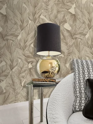 Roberto Cavalli Volume 9 luxury wallpaper with elegant botanical leaf design in textured beige and taupe tones for premium interior spaces.
