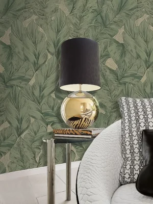 Roberto Cavalli Volume 9 luxury botanical wallpaper with large tropical leaf pattern in deep sage green on textured neutral base for premium interiors
