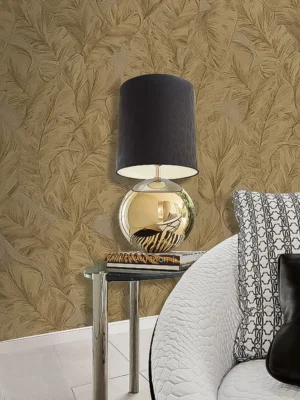Roberto Cavalli Volume 9 luxury botanical wallpaper in warm gold and beige tones with detailed leaf pattern for premium interiors