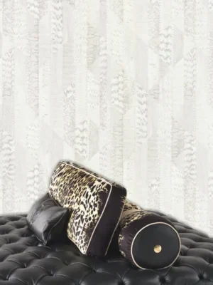 Roberto Cavalli Volume 8 luxury wallpaper with light geometric patchwork inspired by exotic textures in soft white, ivory and pearl tones for premium interiors