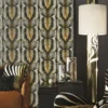 Luxury black, gold and ivory art-deco geometric wallpaper with symmetrical fan-shaped motifs for premium interiors